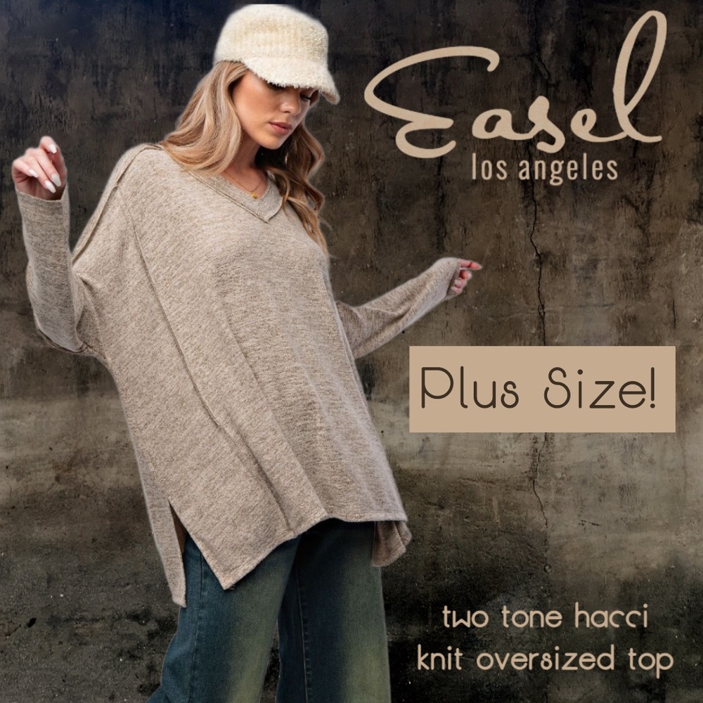 EASEL Loose Fit V-Neck Tunic-Style Lightweight Soft Comfy Top, Side Slits V-Neck